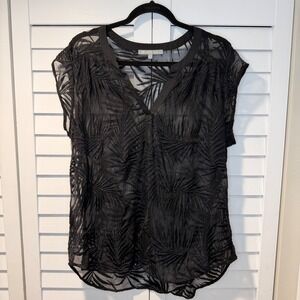 Daniel Rainn Black Sheer Leaf Embroidered V Neck Cap Sleeve Top XL Blouse Womens